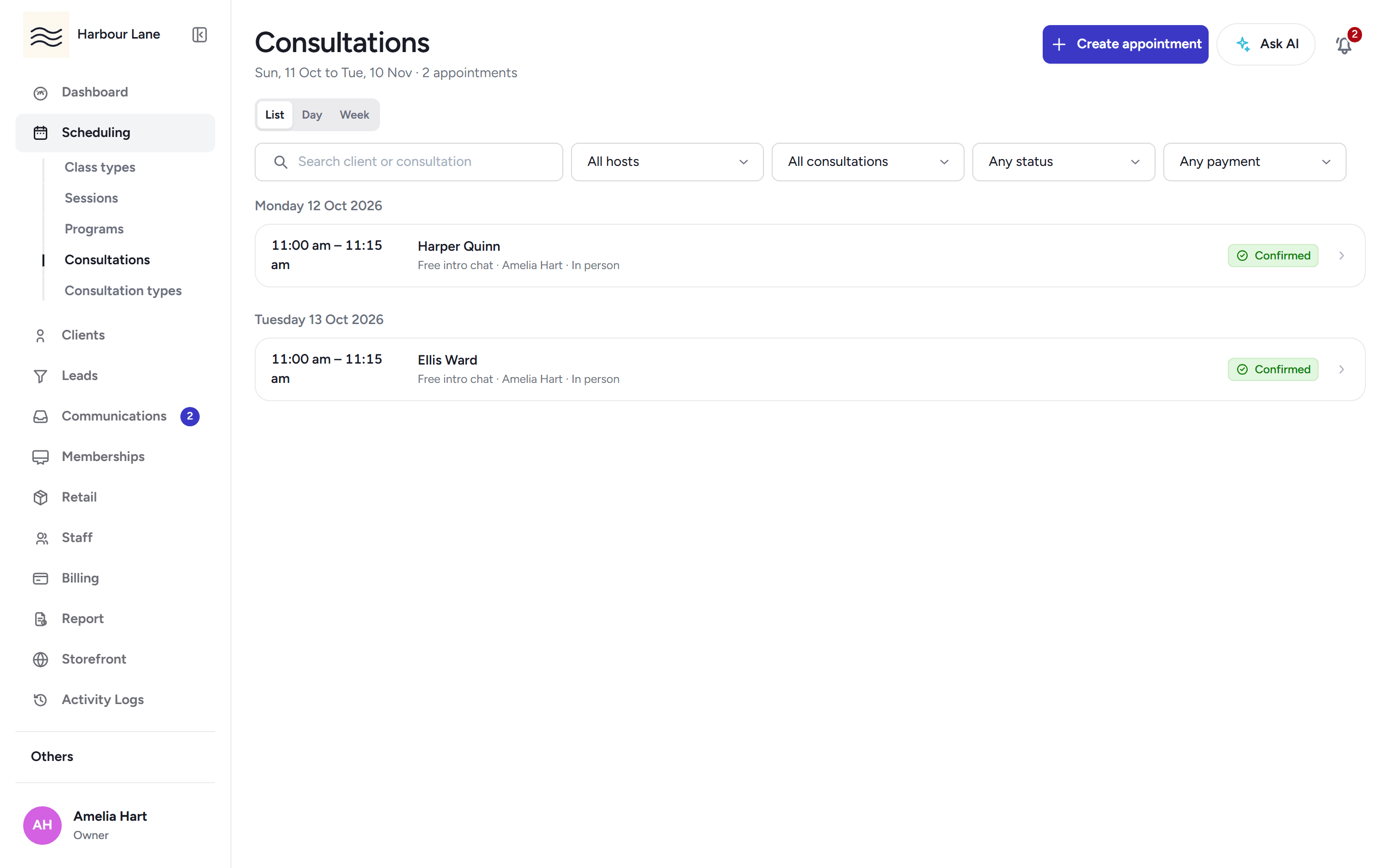 The consultation day view showing upcoming appointments per host with their busy times.