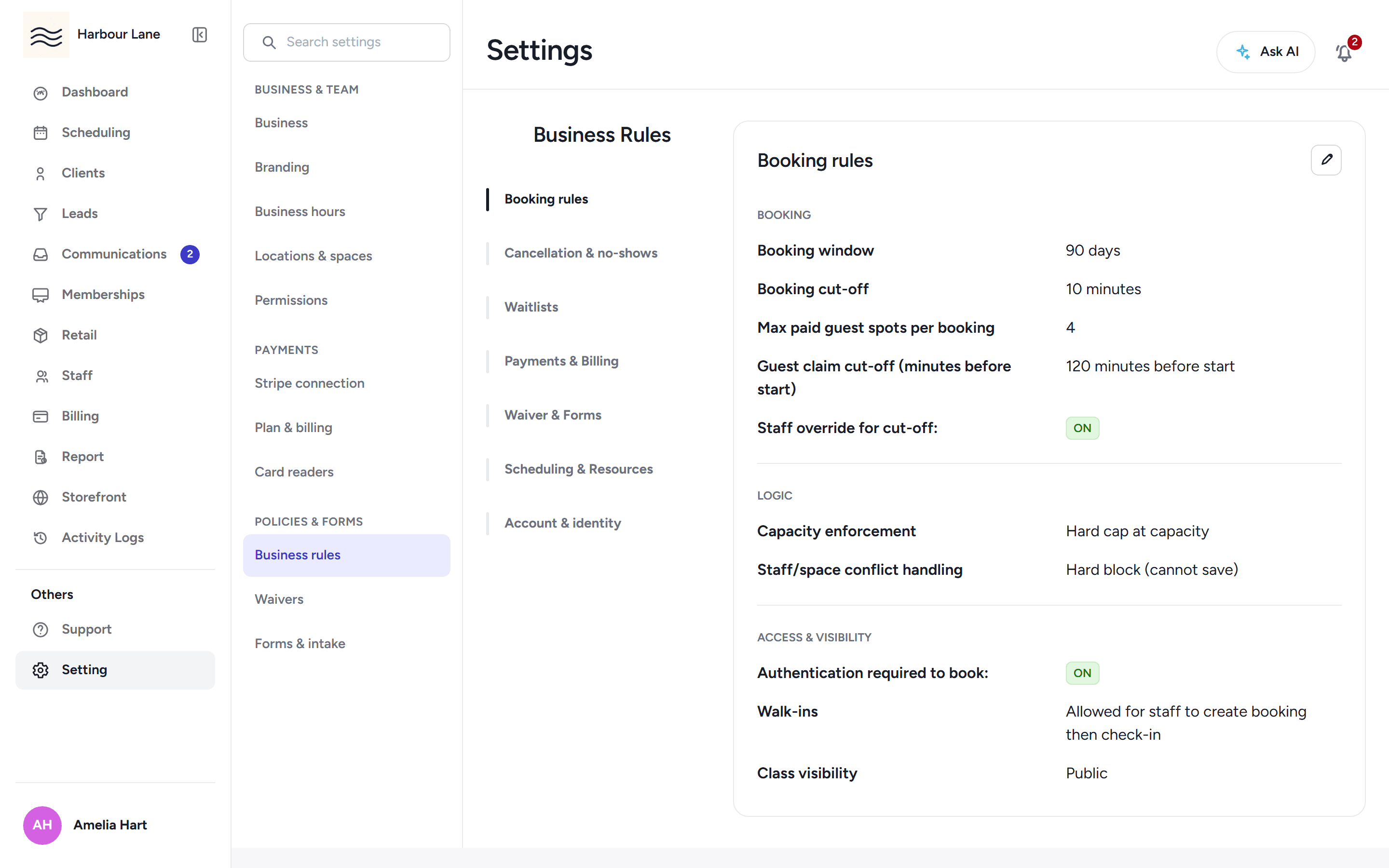 The booking business rules page with cancellation windows, late-cancel settings and booking holds.