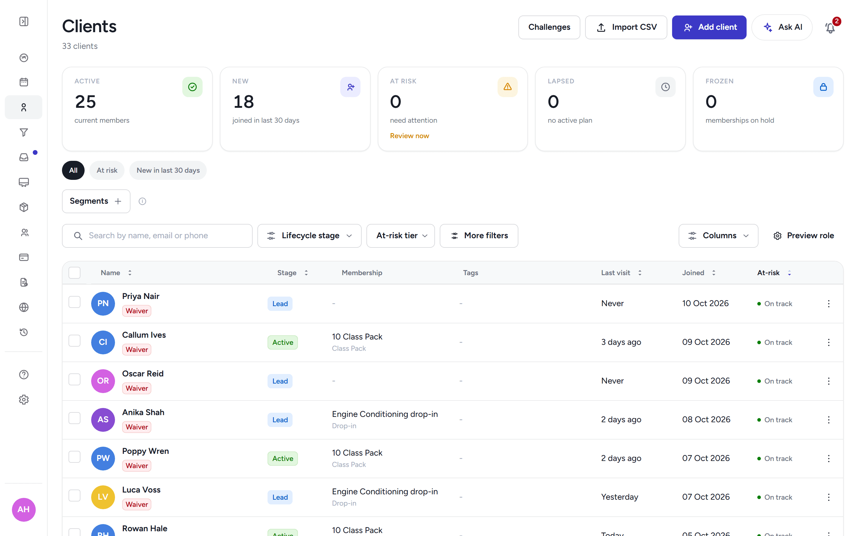 The client list with search results showing names, memberships and last-visit details.