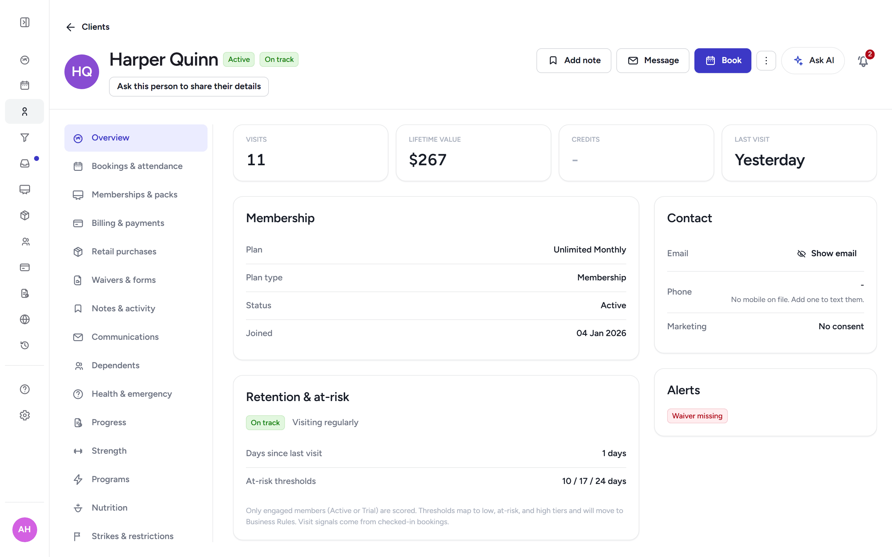 A client profile overview with contact details, bookings and attendance, memberships and staff notes.