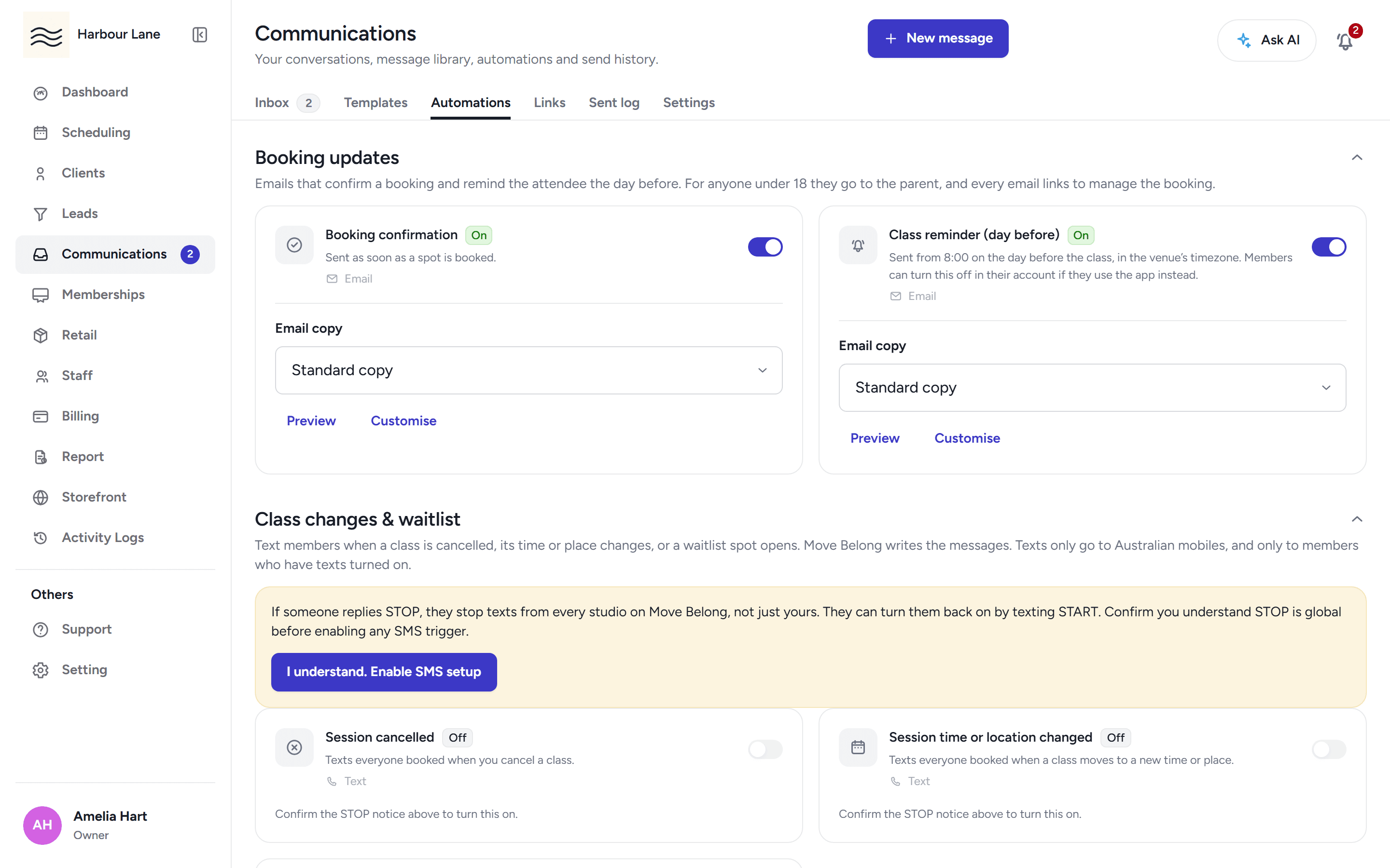 The automations page with booking update and reminder email actions, the win-back card, and the SMS trigger matrix.