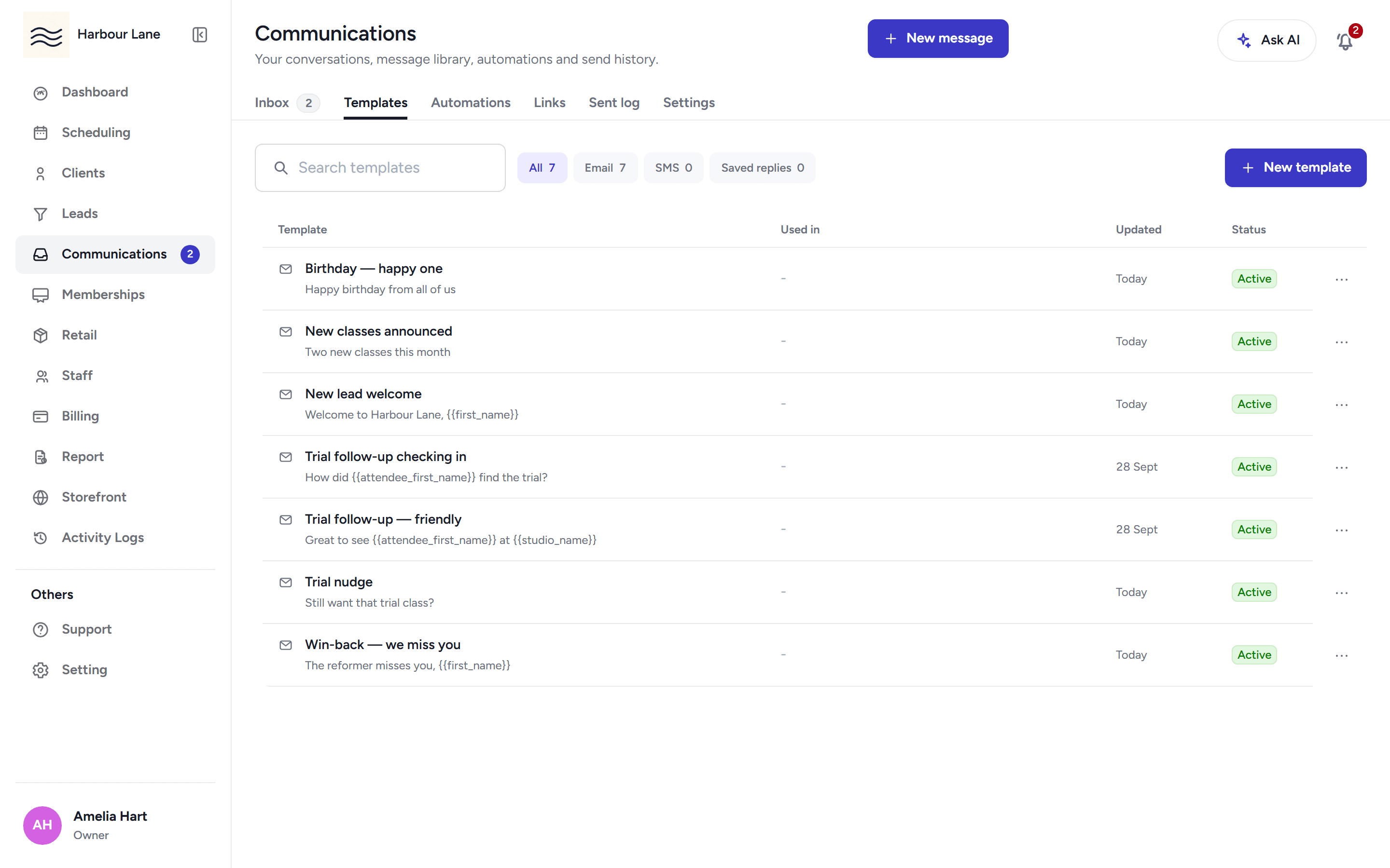 The template library listing the studio's email templates with their subjects and where each is used.
