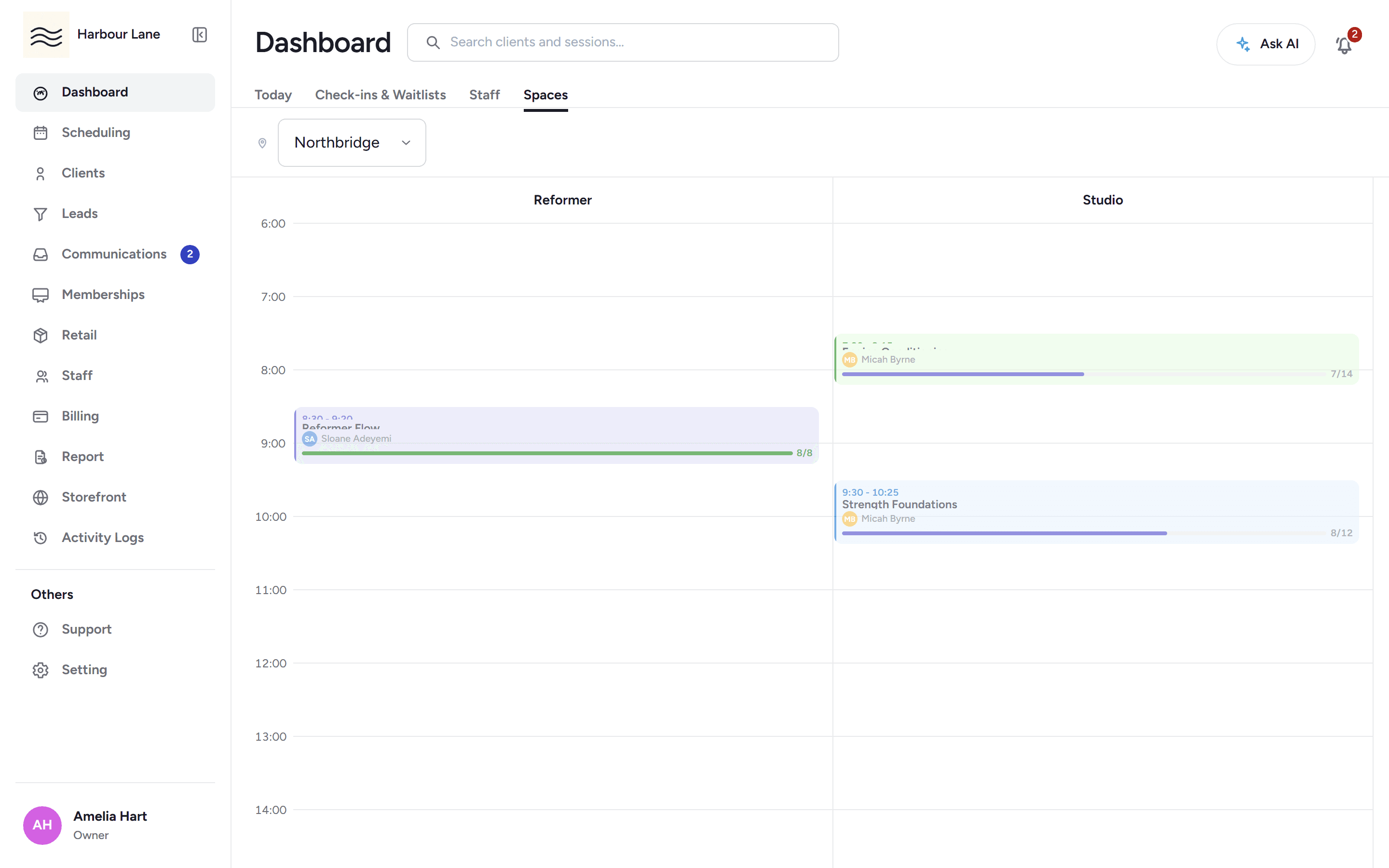 The rooms schedule at Harbour Lane, with sessions laid out across the studio's rooms through the day.