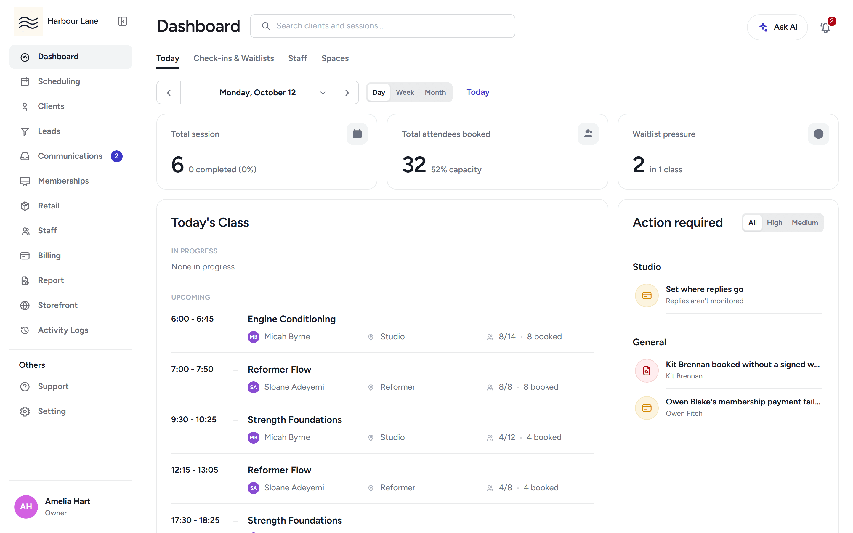 Today's dashboard at Harbour Lane, listing the day's classes and how many people are booked.