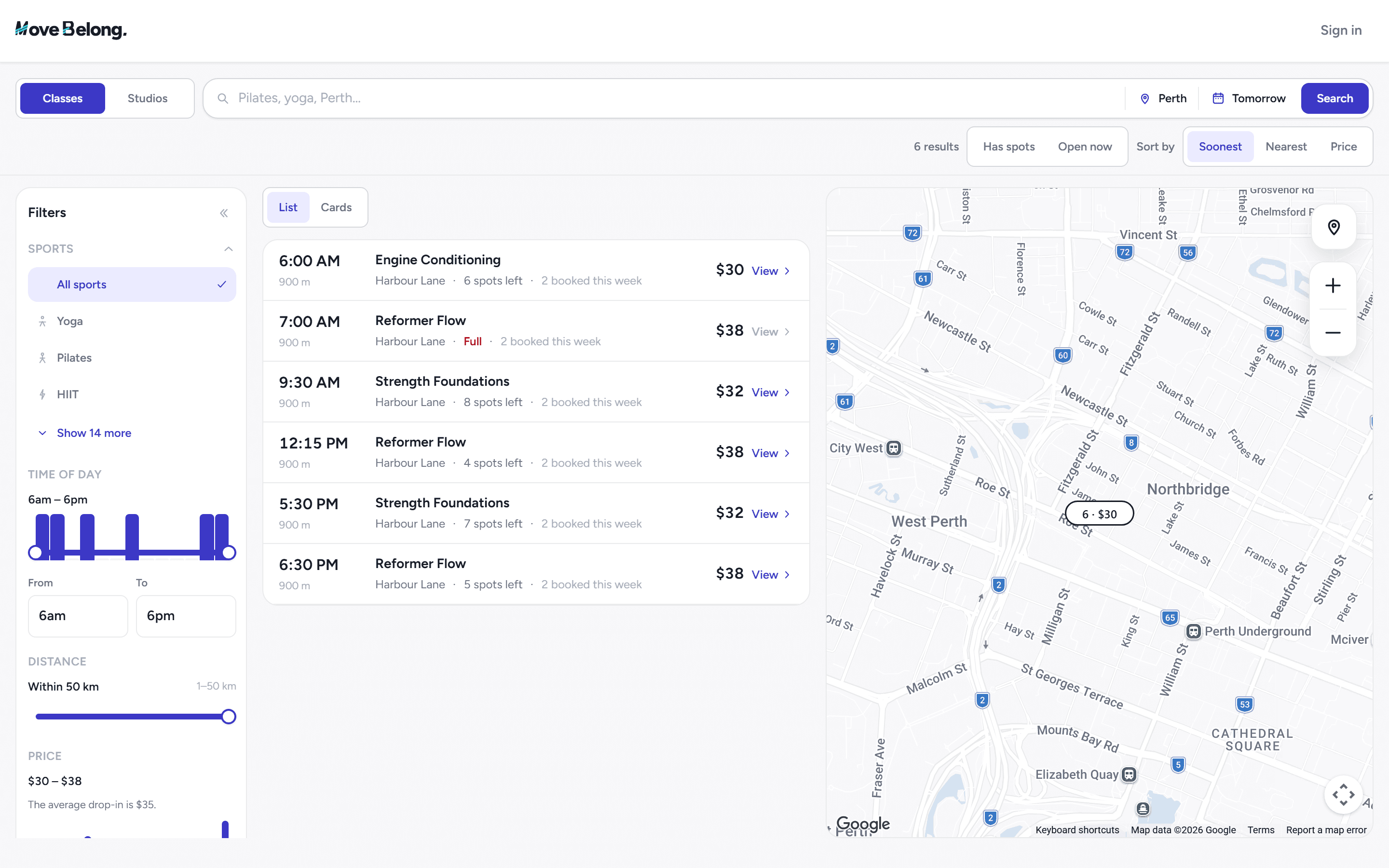Move Belong Explore in Perth, listing Harbour Lane classes on a map with prices and spots left.