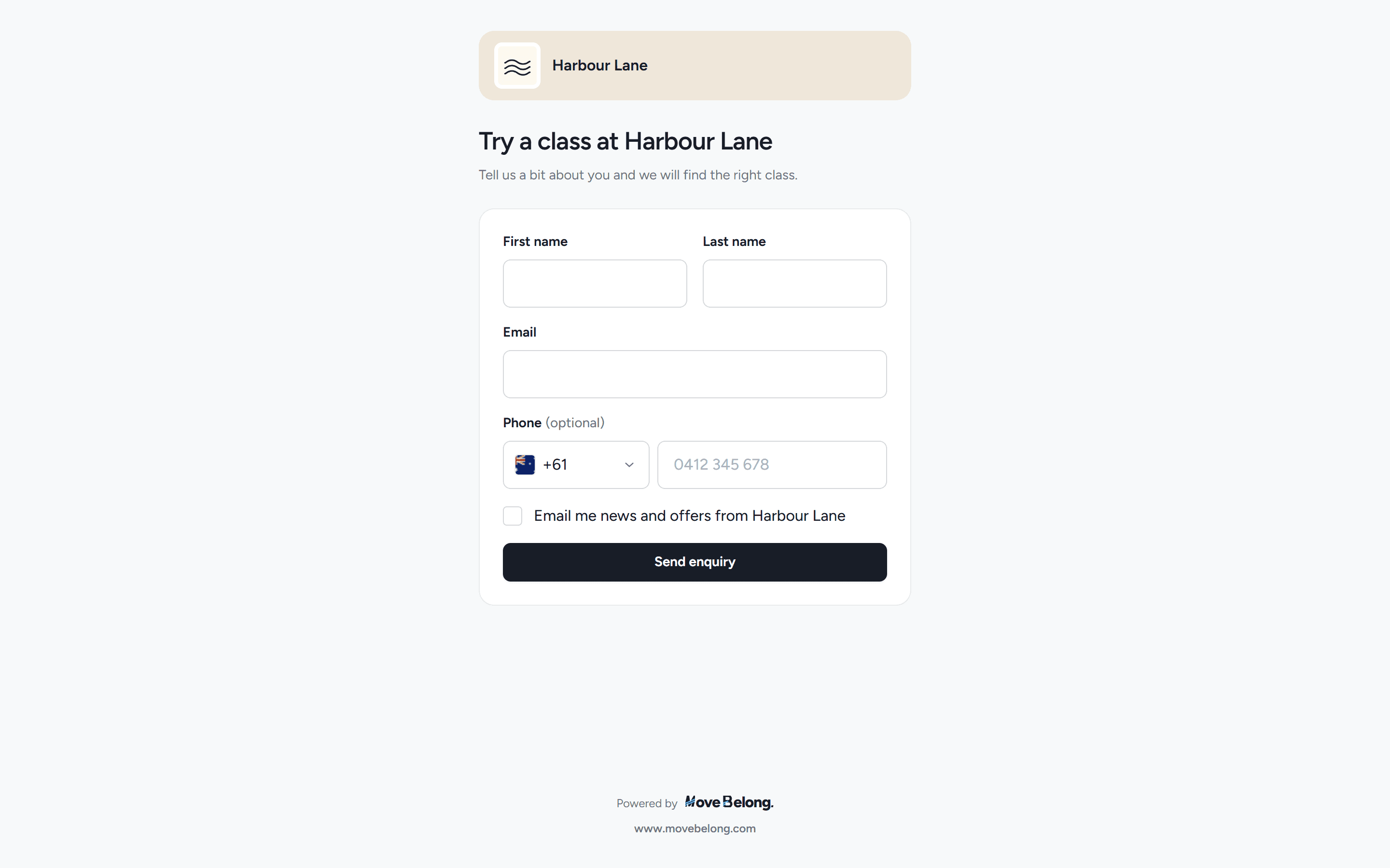 The studio's public enquiry form embed with heading, name, email and phone fields on the studio brand colours.