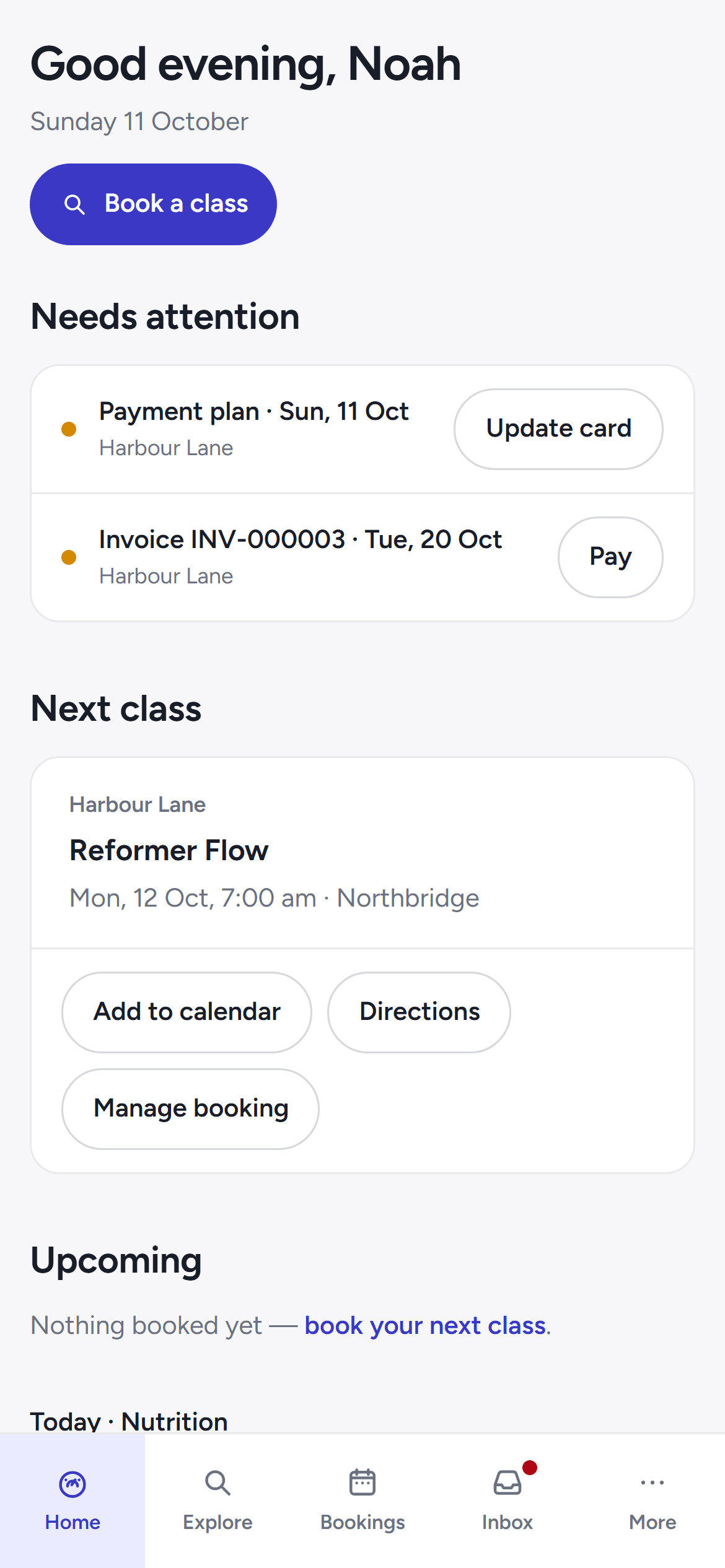 The member's home feed on the portal with their next class and what is due.