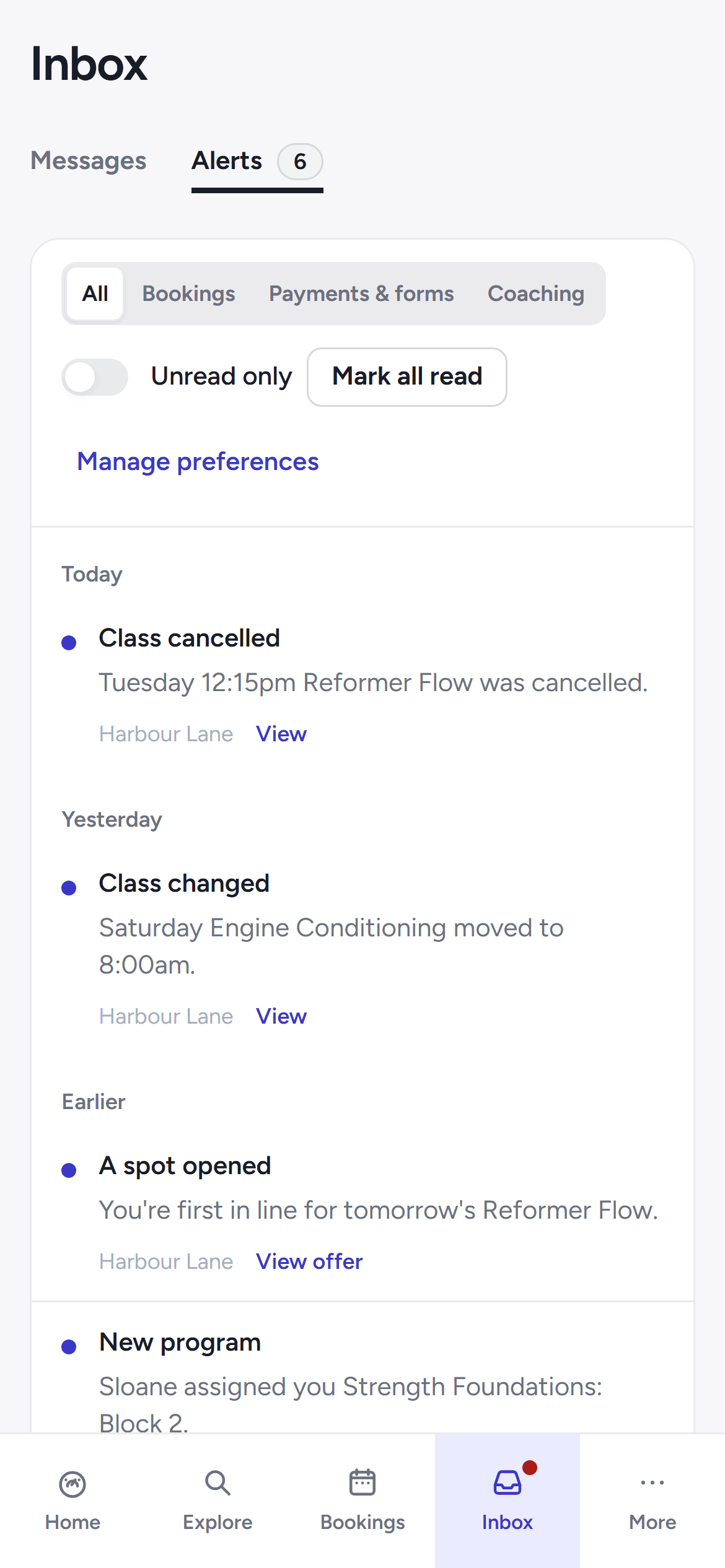 The member's notifications inbox on the portal with class and booking alerts.