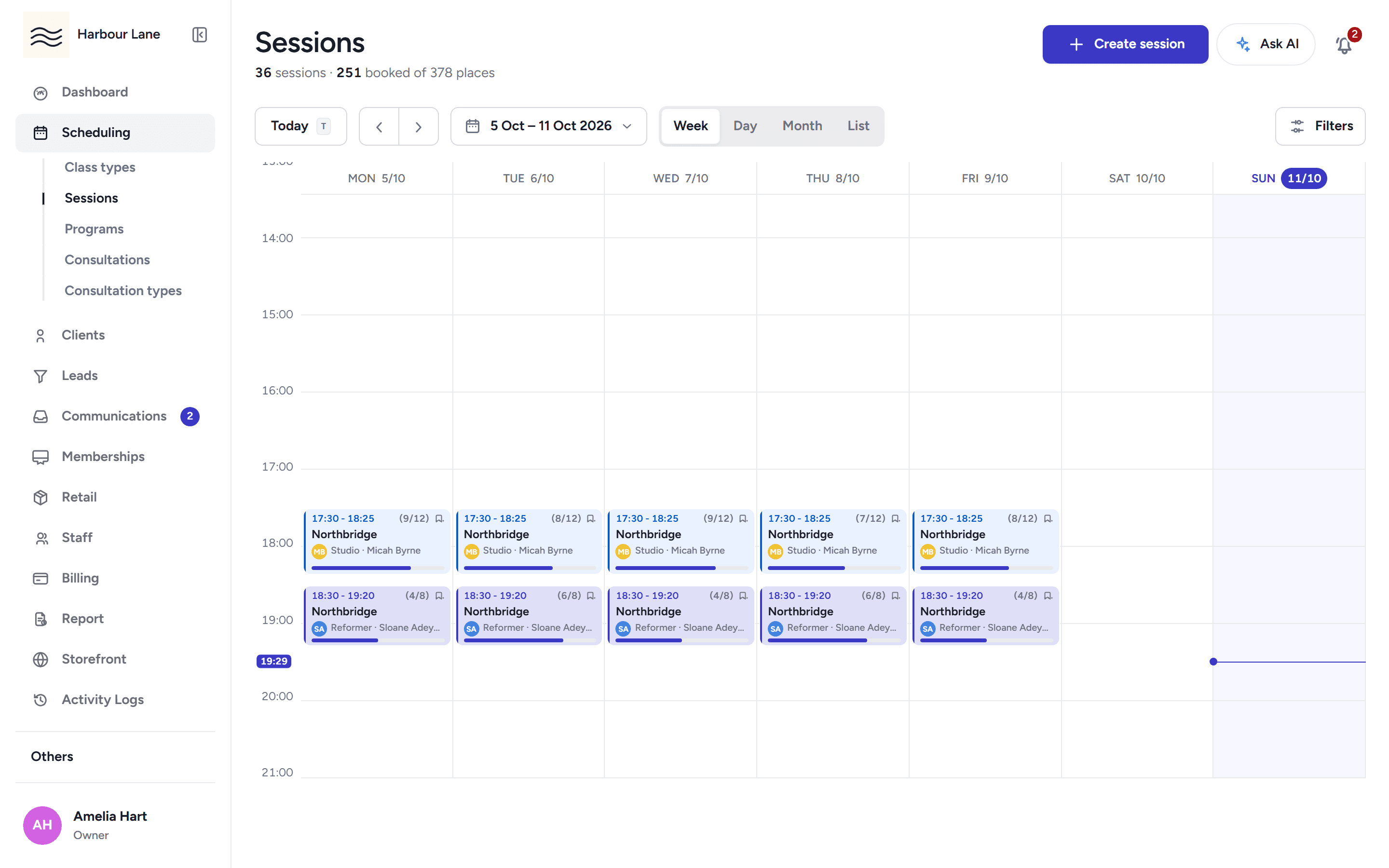 The weekly sessions calendar with colour-coded Reformer, Strength and Conditioning classes and occupancy counts on every card.