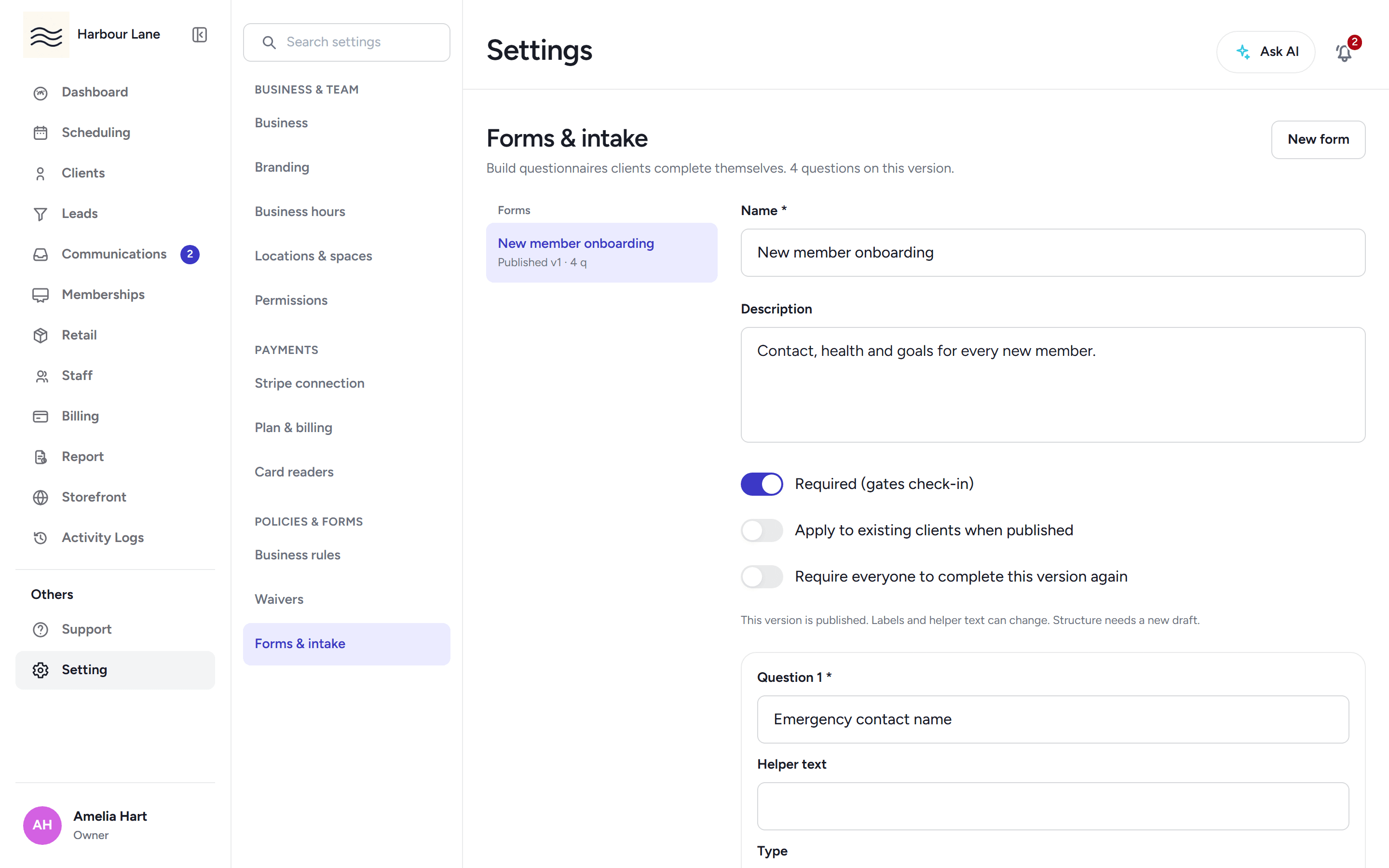 The forms and intake settings page with the studio's onboarding form and its kiosk toggle.