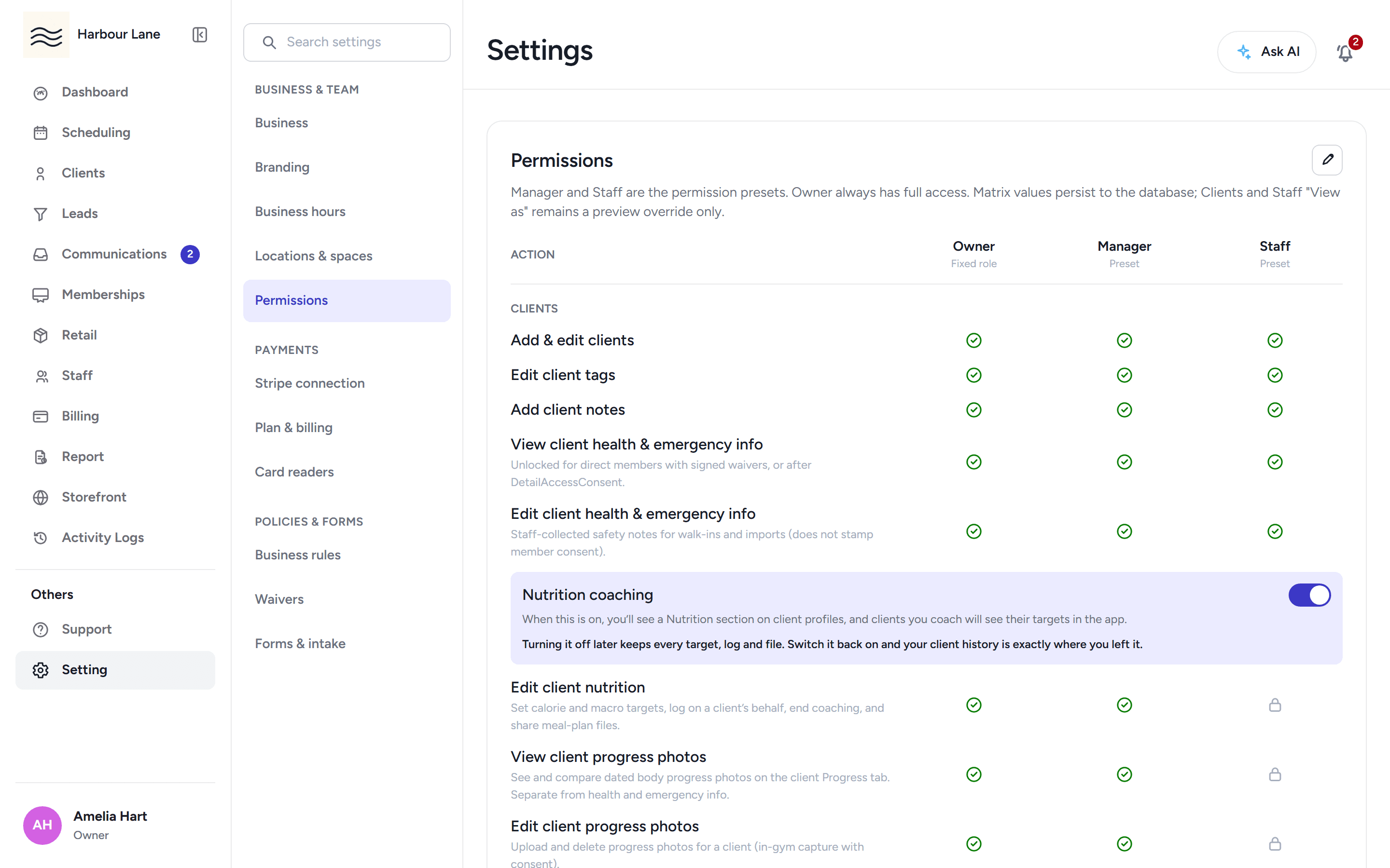 The permissions page with the Owner, Manager and Staff presets and per-person overrides.