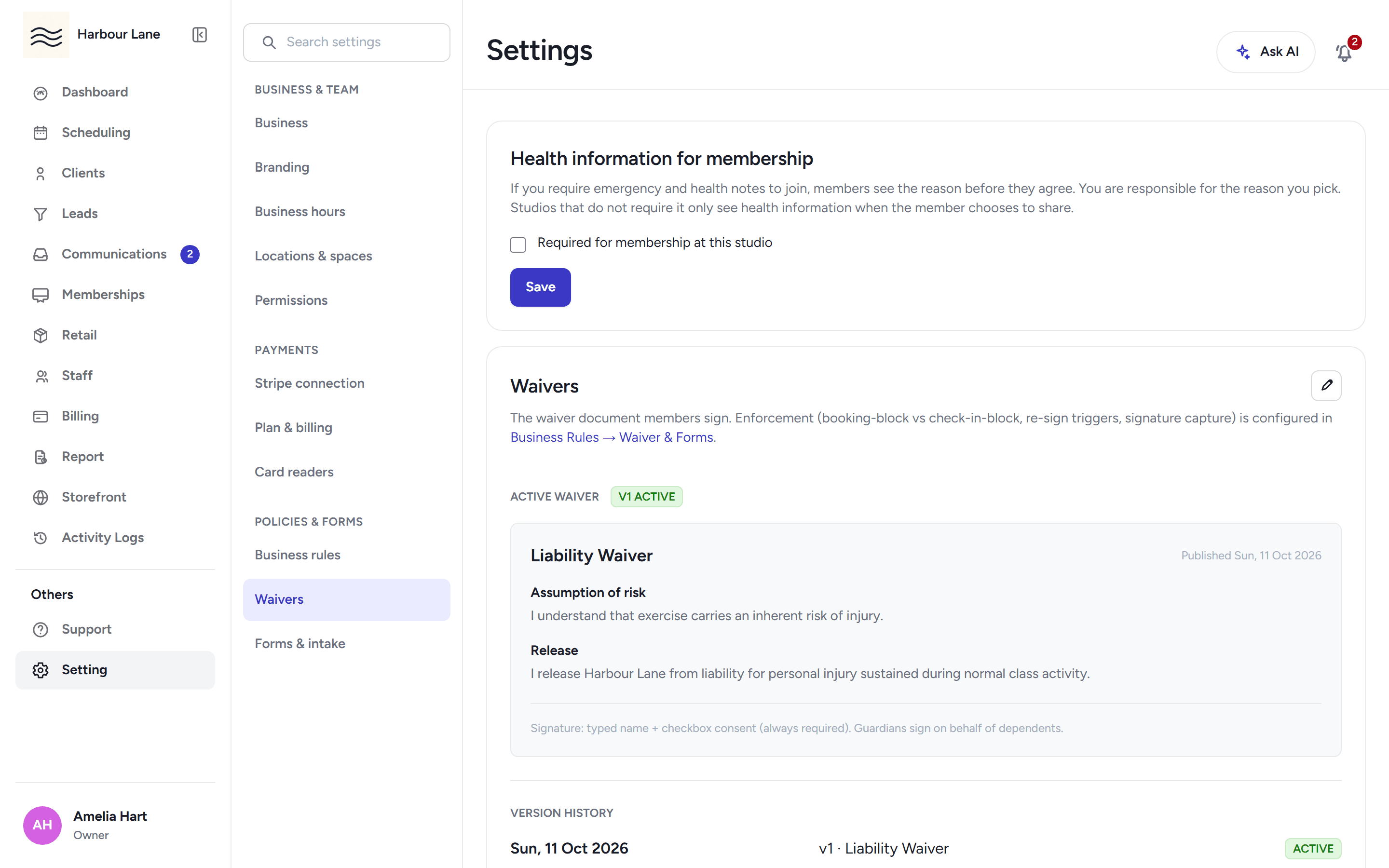 The waivers settings page with the studio's published waiver and its signing rules.
