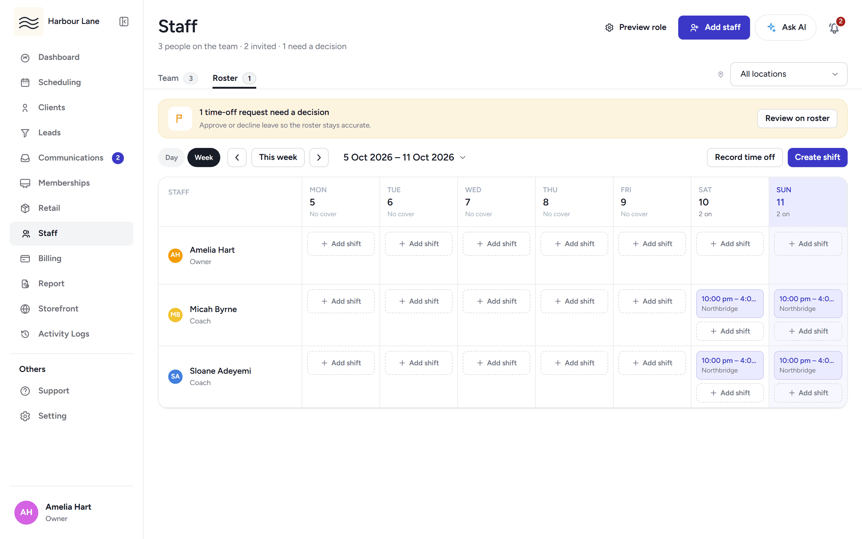 The staff roster view with shifts per day for each coach and the pending time-off request.