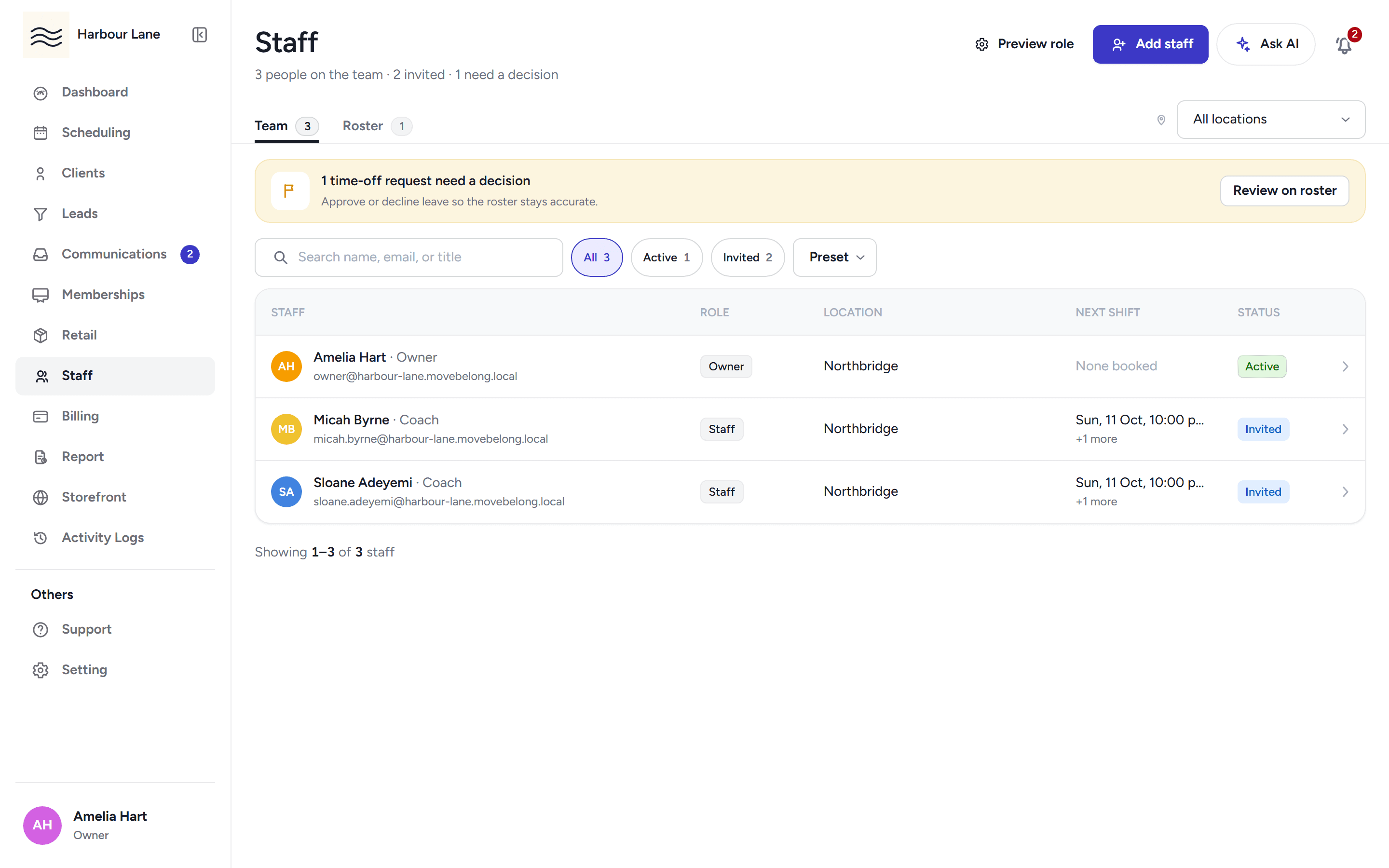 The staff page listing the team with their roles and locations and the pending time-off notice.