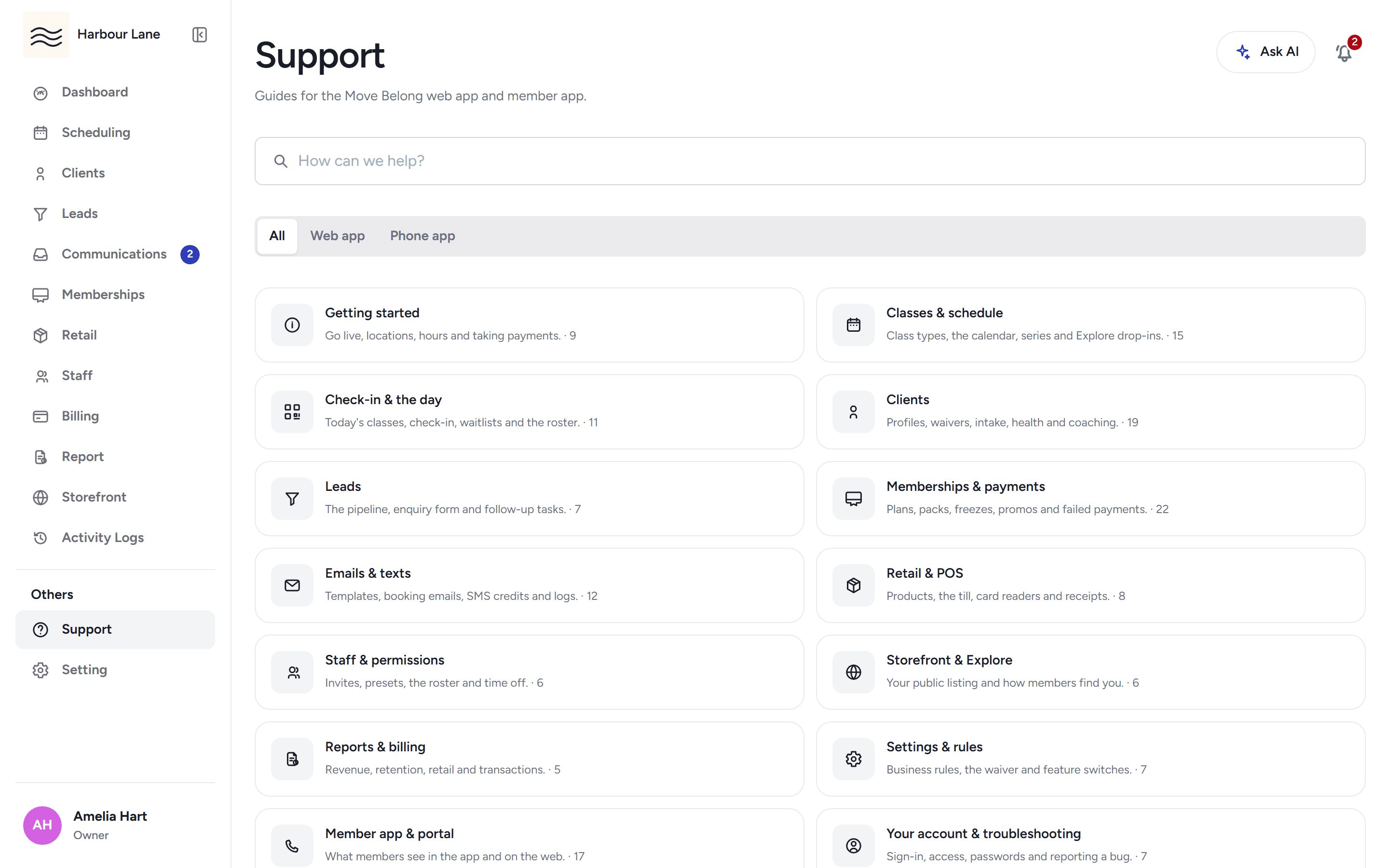 The in-app help centre with searchable articles grouped by category.