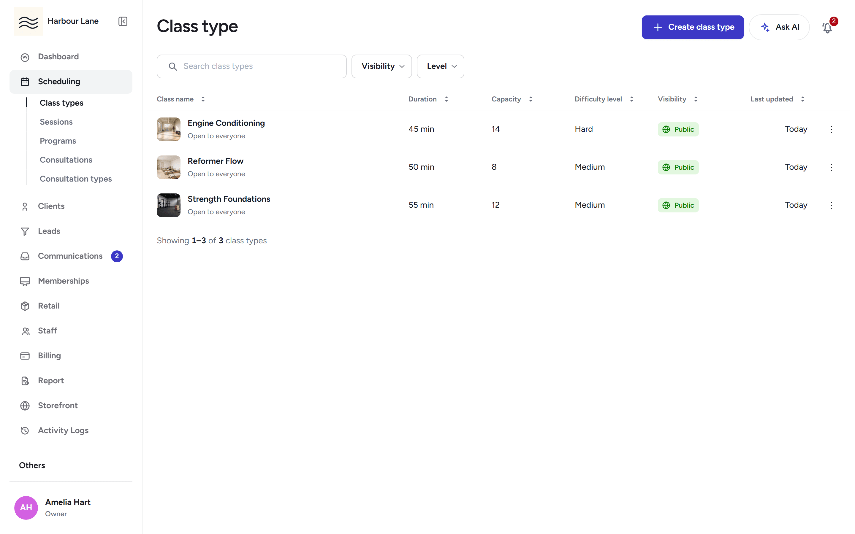 The class types page listing Reformer Flow, Strength Foundations and Engine Conditioning with their capacities and booking rules.