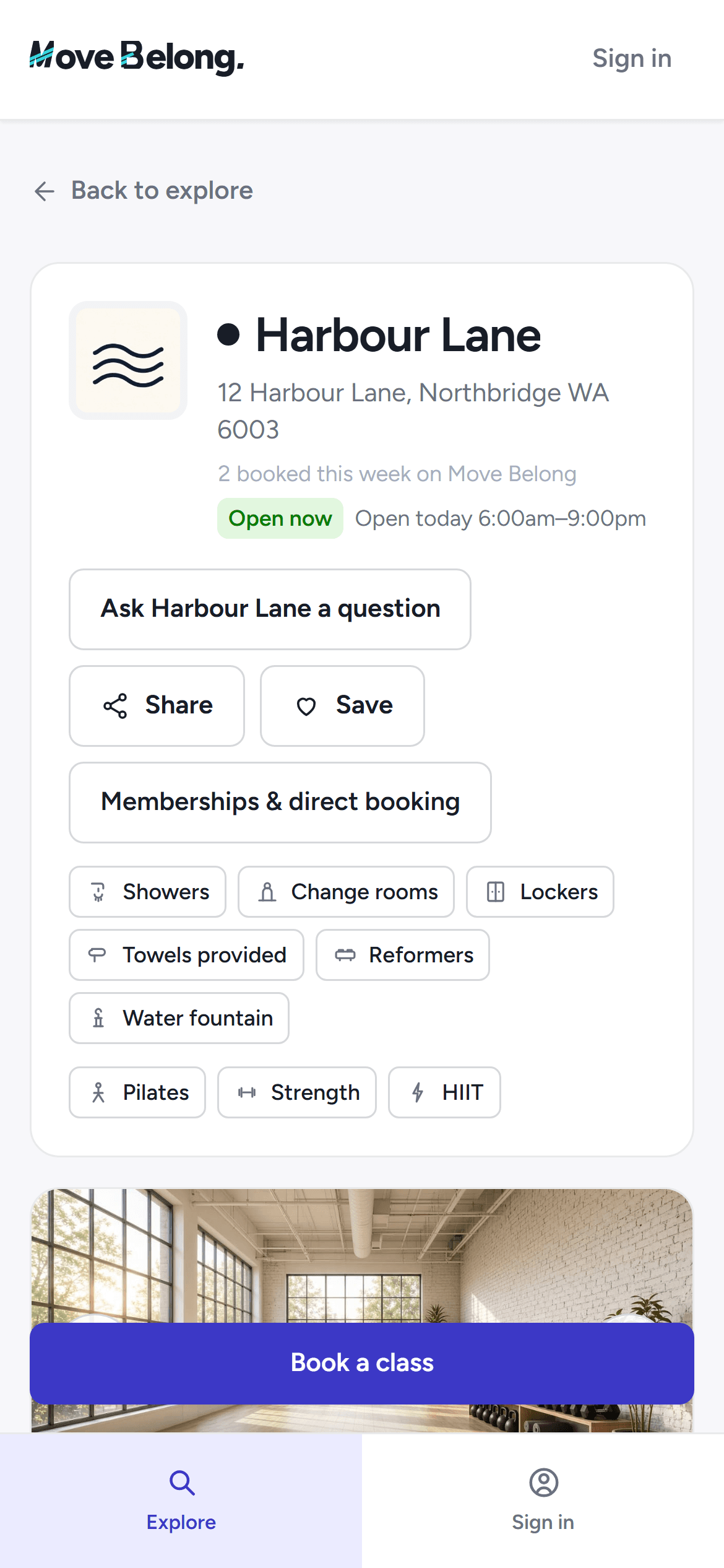 The studio's Explore profile on a phone-width screen with the schedule and bookable classes.
