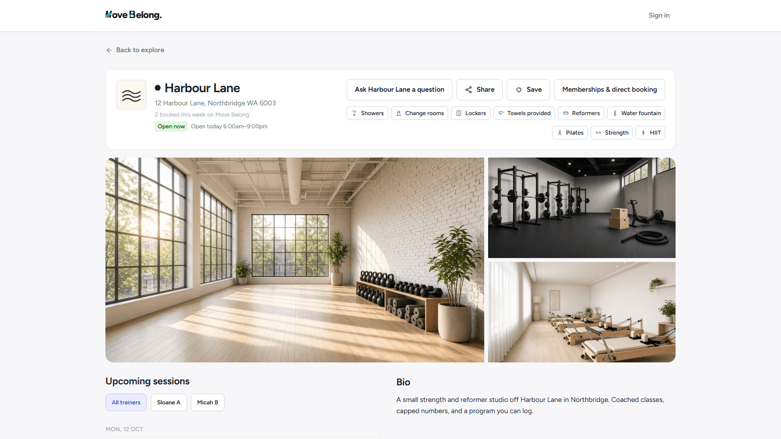The studio's public Explore profile with its photo gallery, facilities, trainers and upcoming drop-in classes.