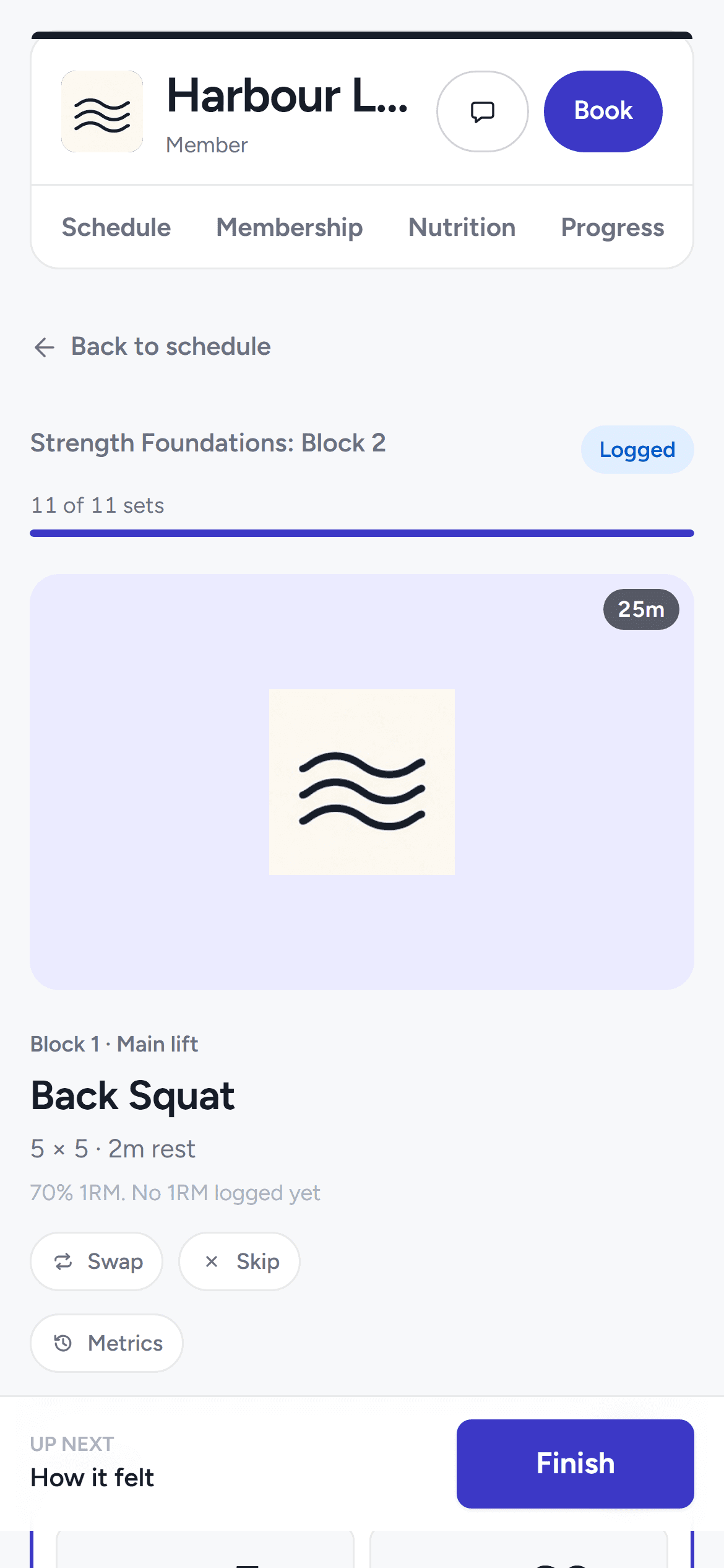 The member's workout log on the phone-width portal showing the session's exercises with logged sets.