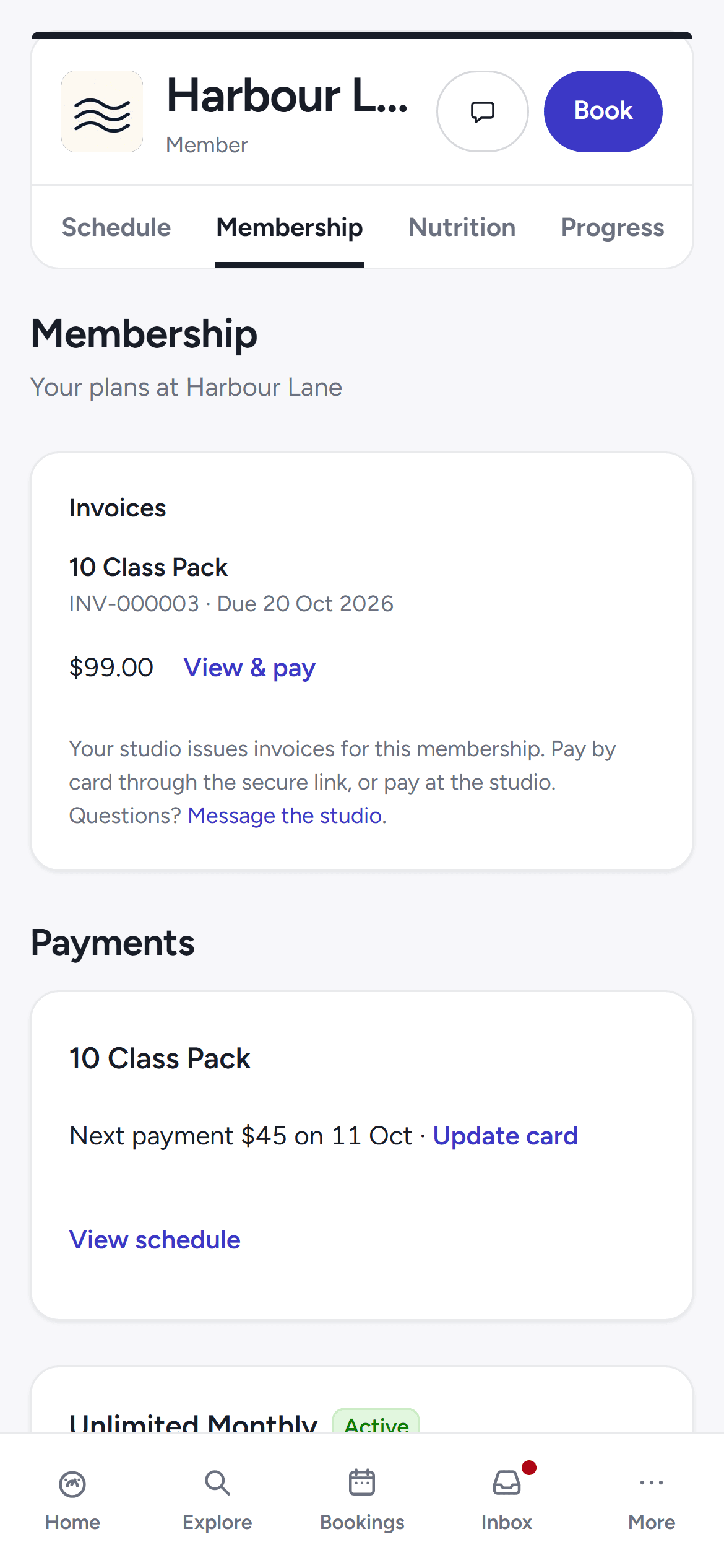 The member's membership page on the studio portal showing their plan, credits and the actions to freeze or cancel it.