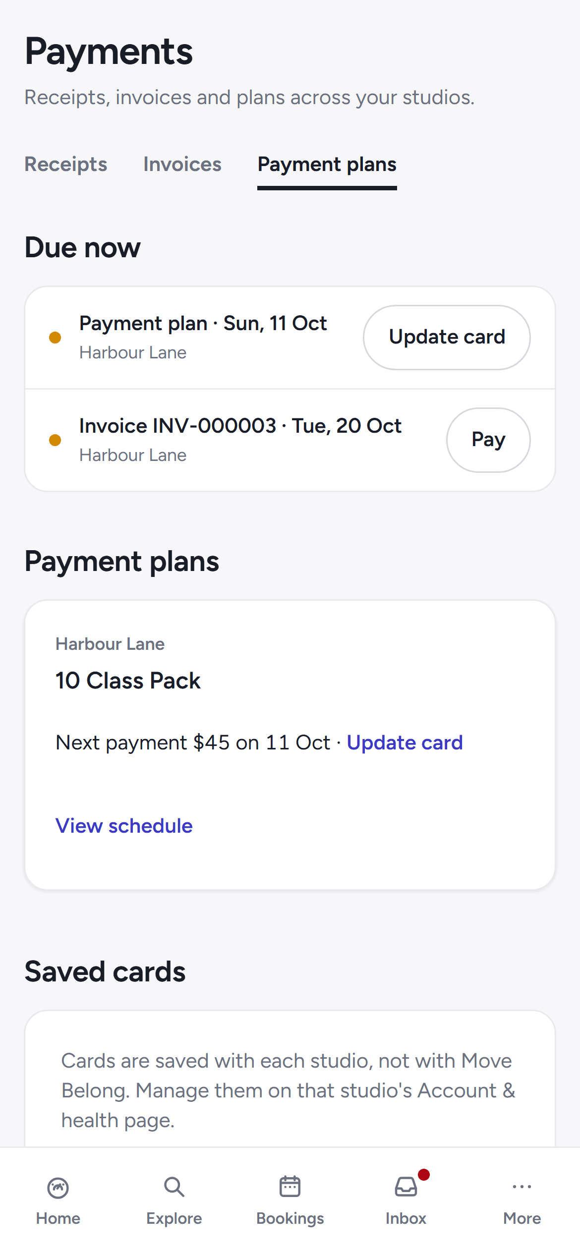The member's payment plan sign-up page on the studio portal showing the weekly amount and the schedule of instalments.