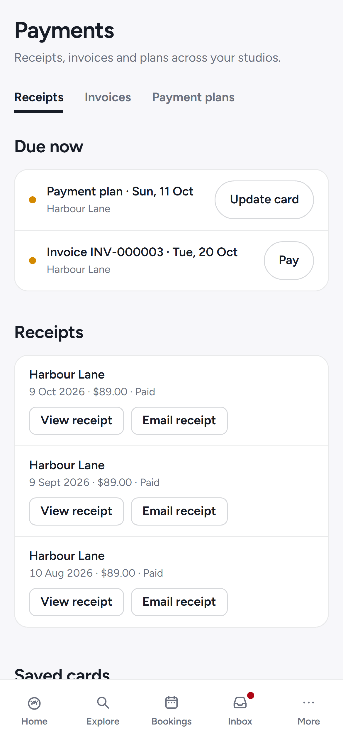 The member's payments page on the customer portal with tabs for receipts, invoices and plans across their studios.