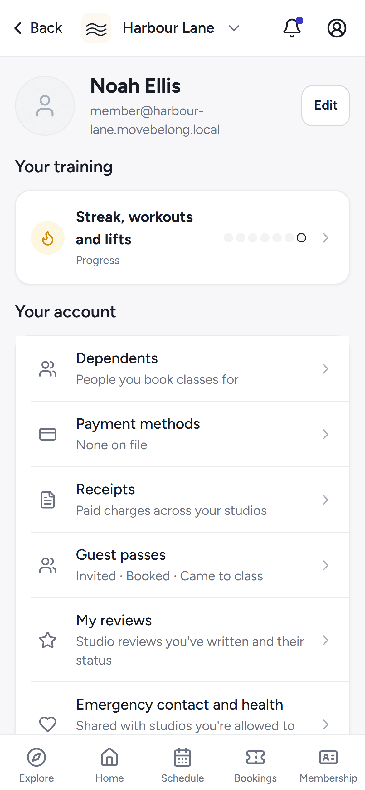 The account hub of the phone app with training summary, dependents and settings.