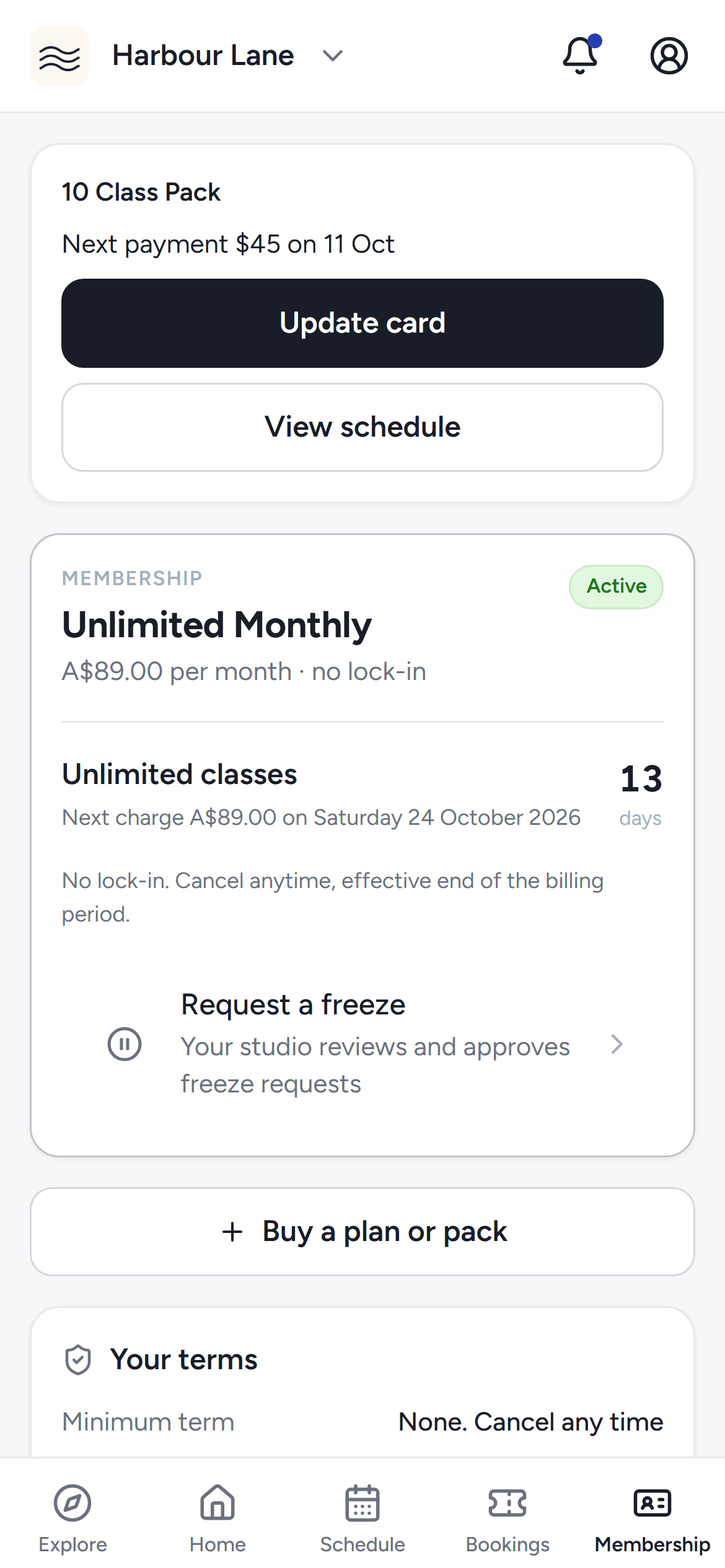 The Membership tab of the phone app showing the member's plan, terms and freeze actions.