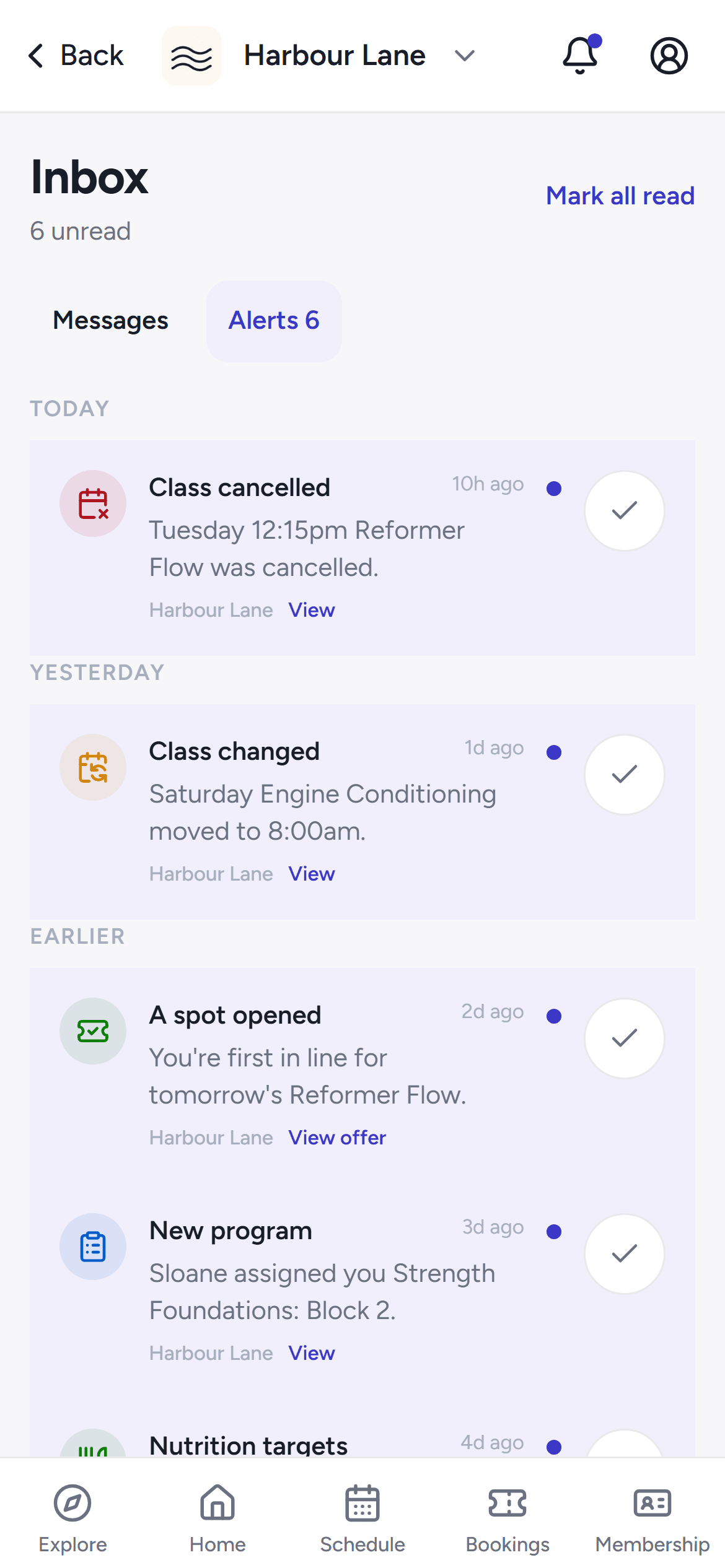The alerts inbox of the phone app with class and booking notifications.
