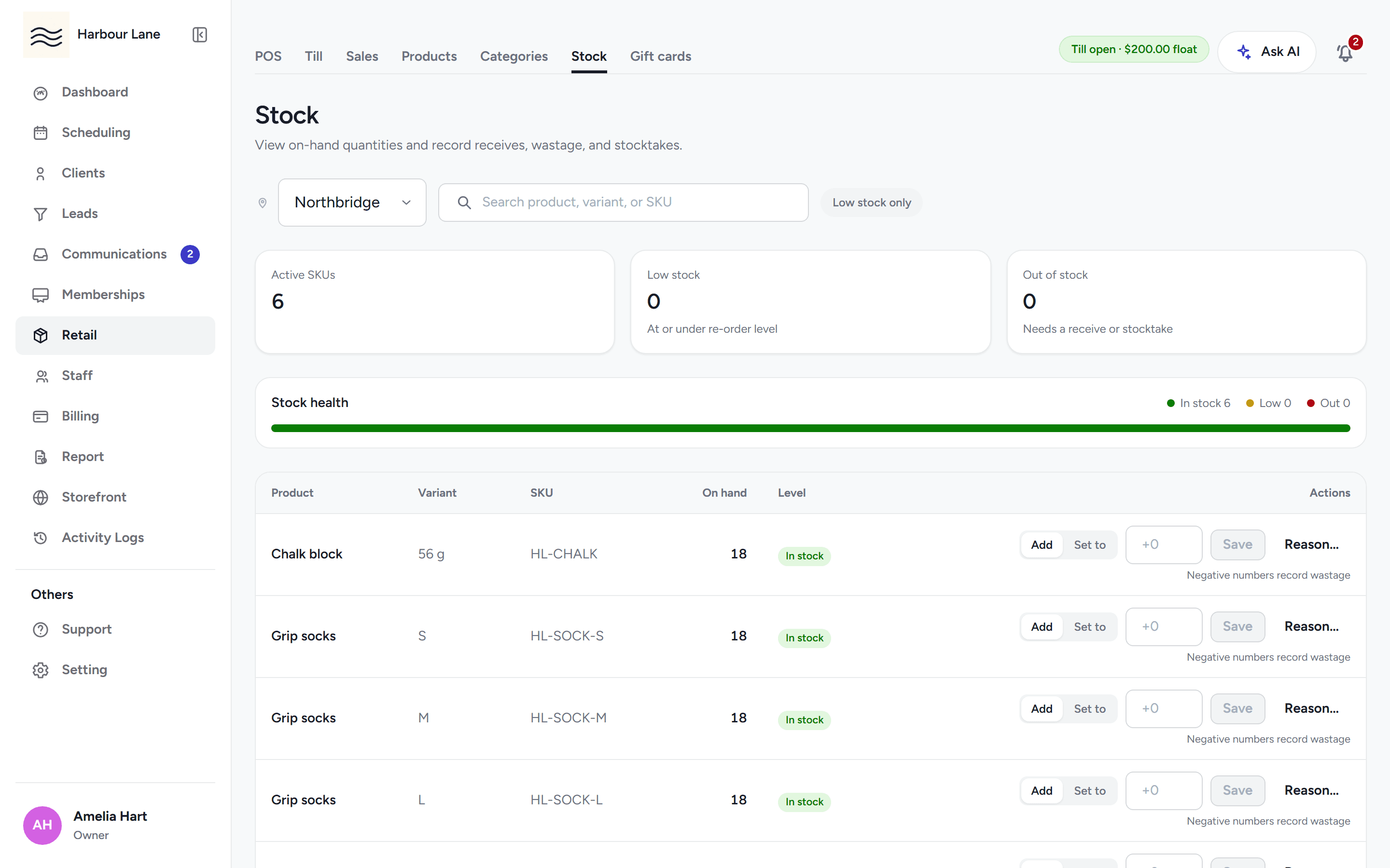 The stock page with on-hand counts per product variant and their receive and adjustment movements.