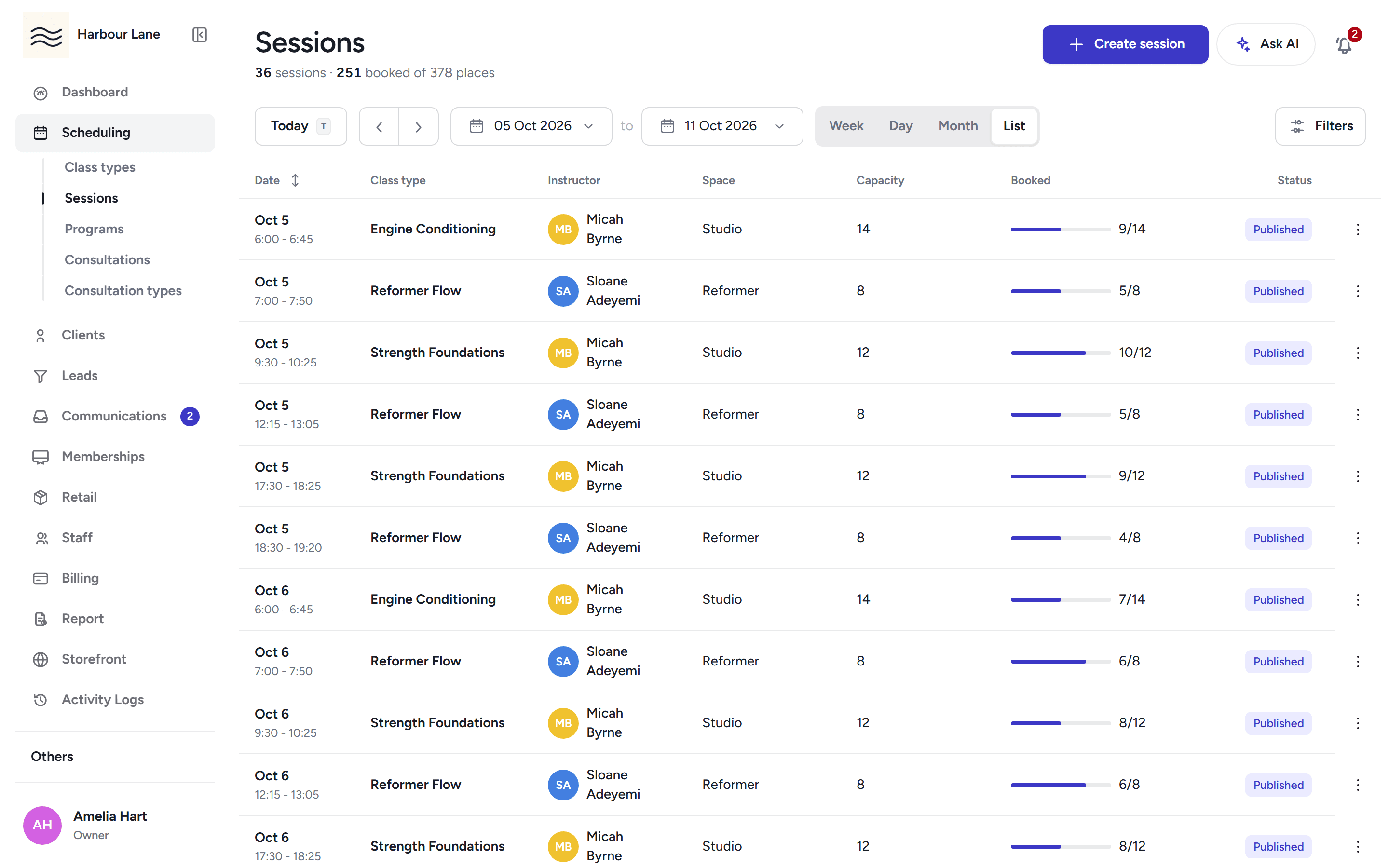 The sessions list view with one row per class showing its time, location and occupancy.