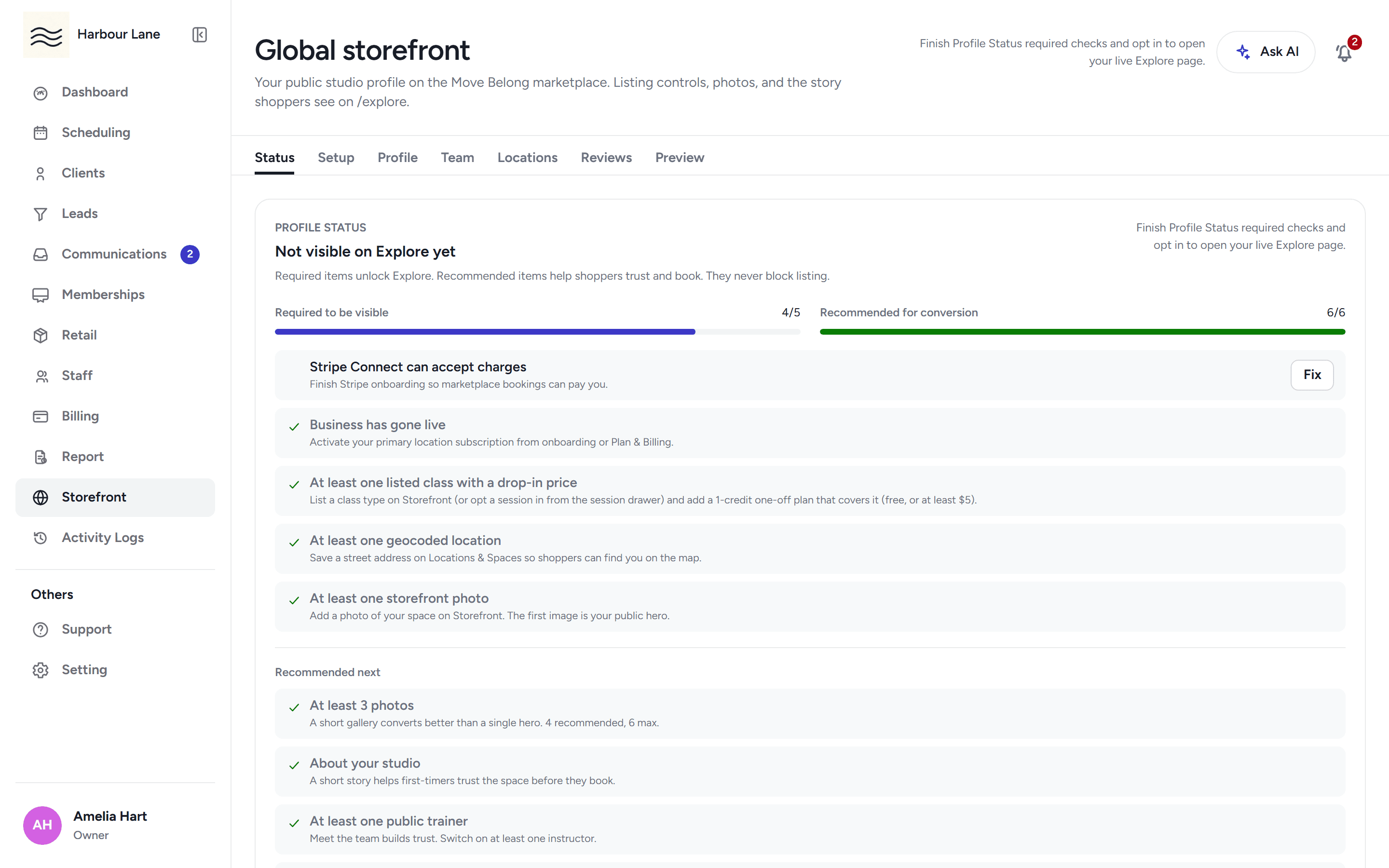 The storefront editor with the studio profile fields, listing status and the mobile preview pane.